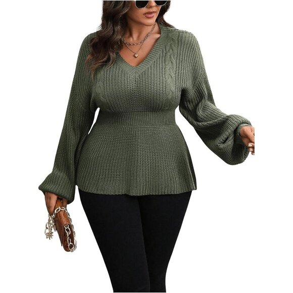 Sweaters - Women's Plus Size Rib Knit V Neck Sweater Pullover Casual Fall Outfit